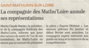 Les Mathu'Loire annulent leur saison. Courrier de l'Ouest - Décembre 2022